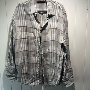 Perry Ellis 100% linen subtle grey taupe plaid long sleeve  Shirt XXL